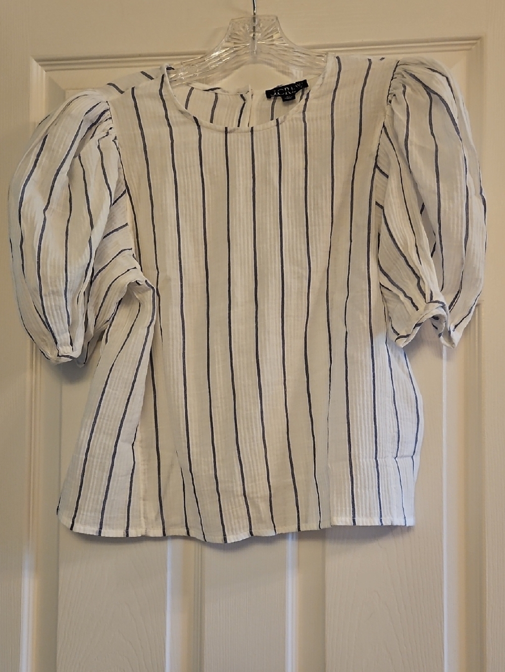 J. Crew White Top with Navy Vertical Stripes and Puff Sleeves
